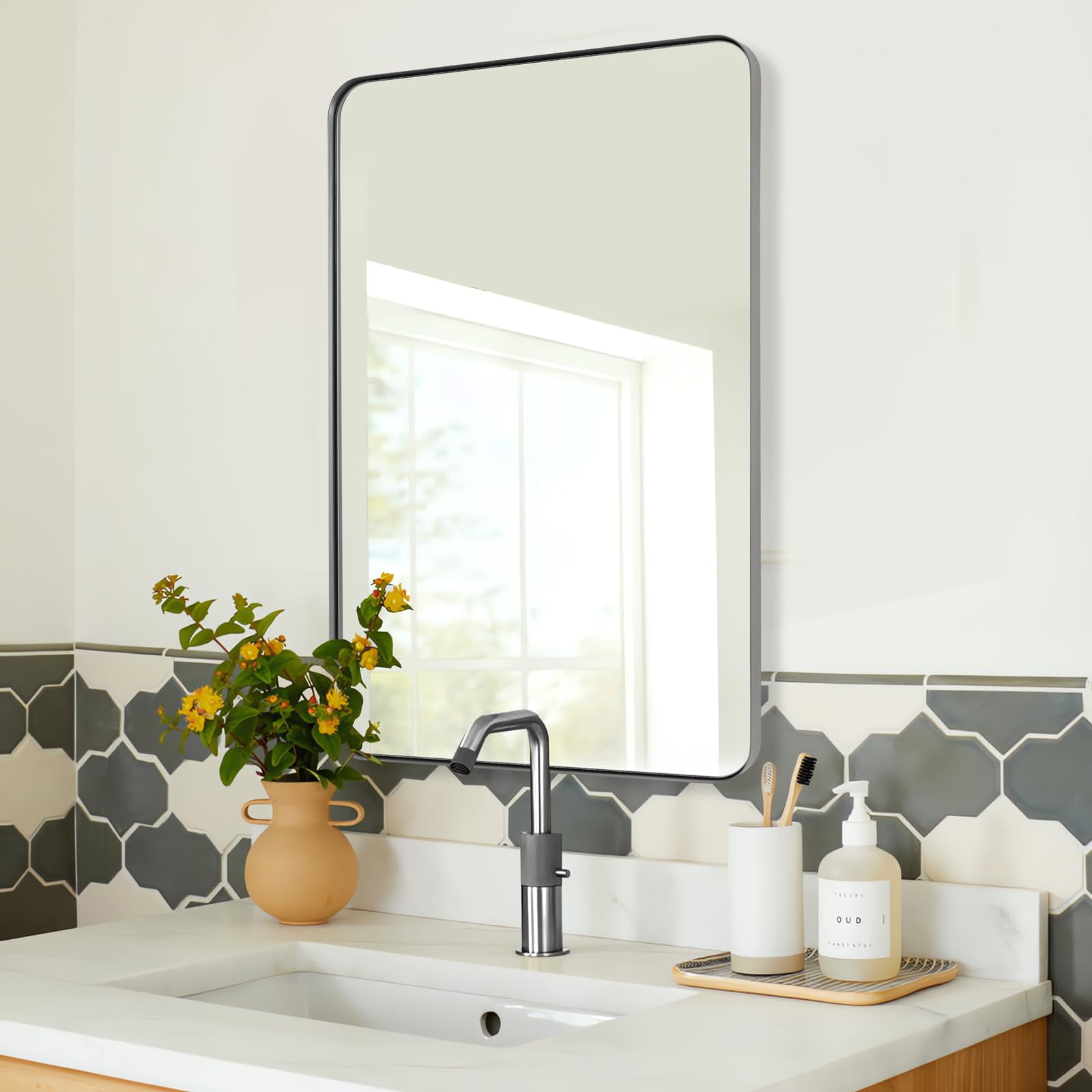 ANDY STAR Grey Bathroom Mirror for Wall, 24"x36" Rounded Rectangle