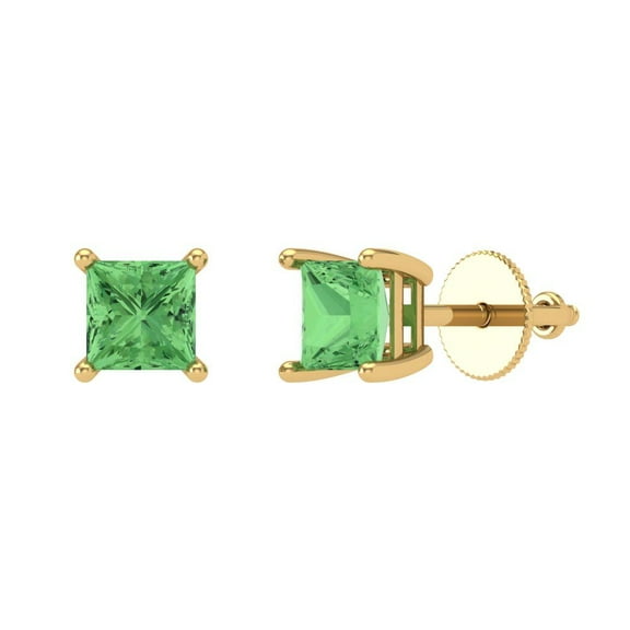 1.5 ct Screw-Back Stud Earrings for Women | 5.0mm Princess Cut Simulated Green Diamond | 18K Yellow Gold