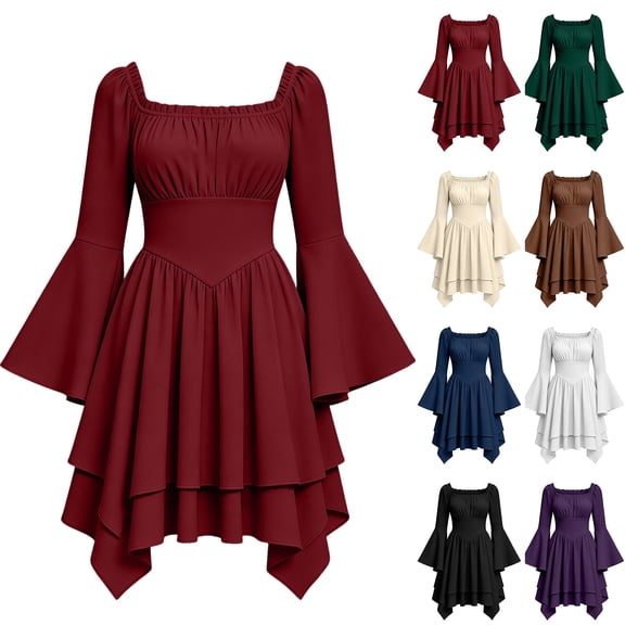 KICILVS Halloween Dresses for Women Plain Square Neck Flare Sleeve Dress Ruched Bust Layered Hemline Mini Party Gown Purple