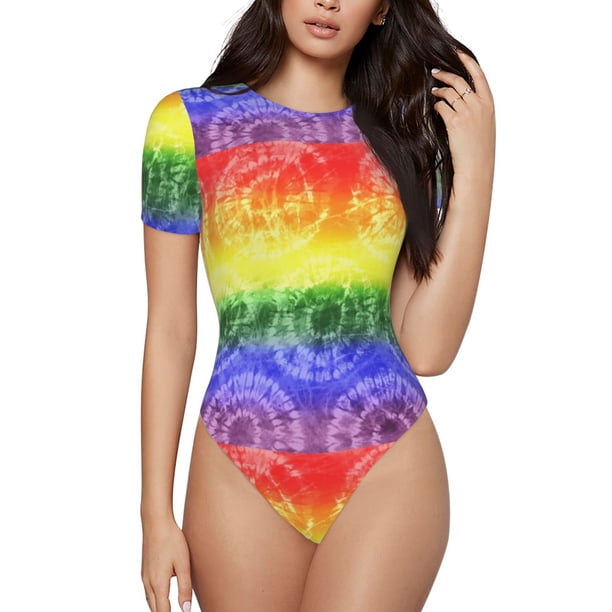 Balery Colorful Tie Dye Body de cuello redondo de manga corta para mujer Tops de manga corta Tops básicos-X-Large