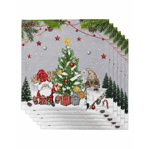Grey Christmas Cloth Napkins Set of 6 Reusable Dinner Napkins, Gnomes Xmas Tree Snowflake Winter Gifts Cocktail Napkin Washable Table Napkins for Wedding/Holiday Party/Baby Shower 20"x20"