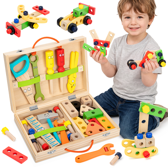 XUEYU Kids Tool Set, 46 PCS Wooden Montessori STEM Wooden tool Toys for 3 Year Old Boys, Toddler Tool Kit Includes Box, Birthday Gift for Boy Girl