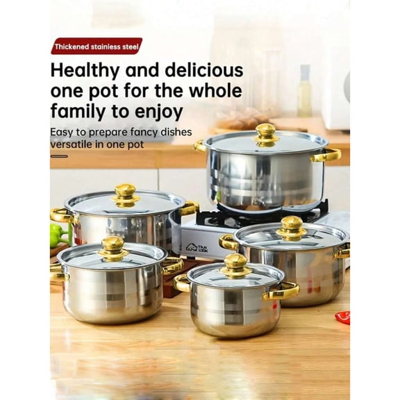 REZJSWFSMMJ 10pcs/Set Stainless Steel Cookware Set, Including 5 Pots With 5 Lids, Stainless Steel Cooking Pots With Dual Handles