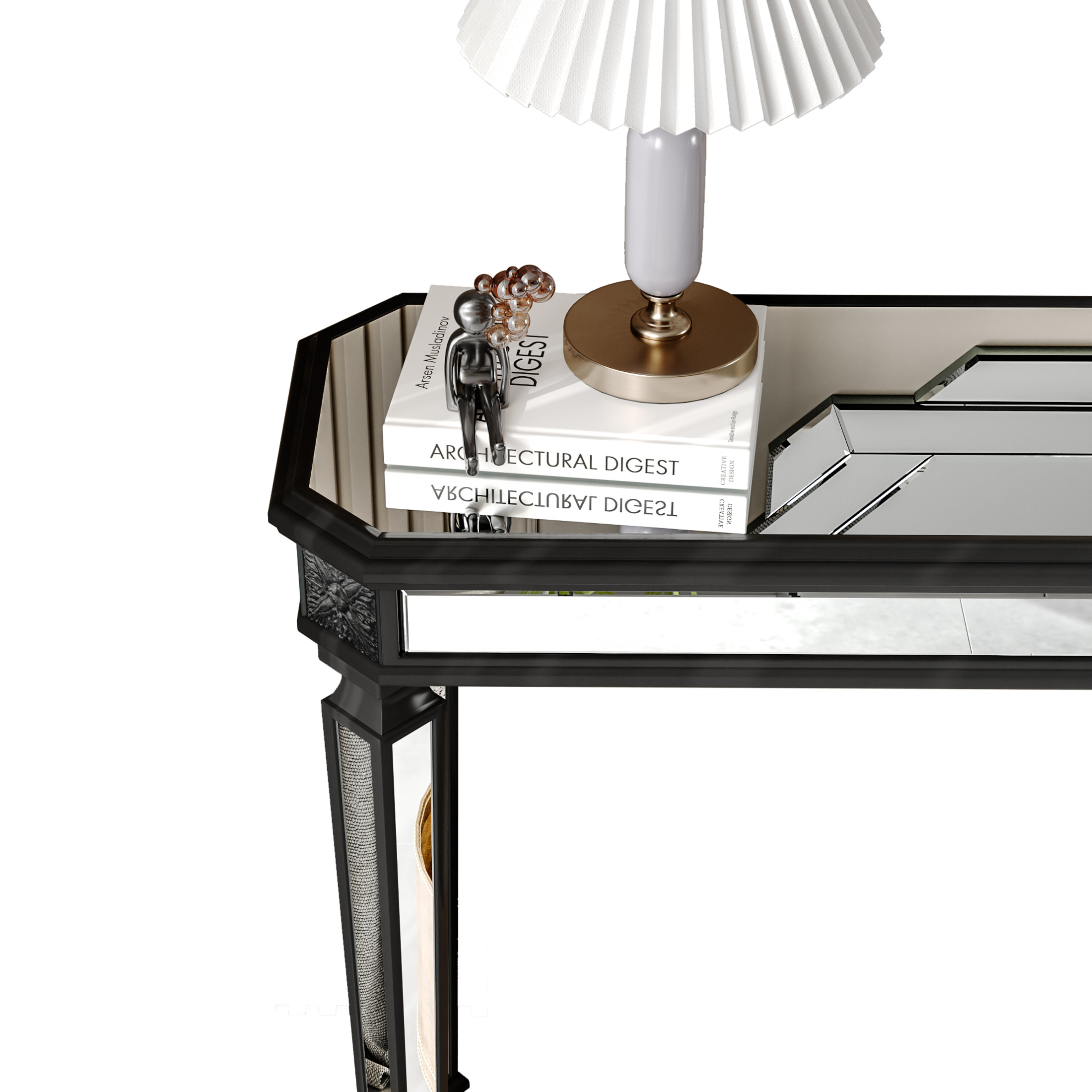 Noble House Black Mirror Console Table Vintage Wood Grain Carving Process Gorgeous and Noble for Entryway, Sofa Table,Living Room, Black+Silver