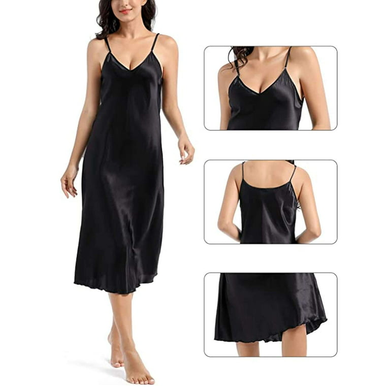 Deago Women's Satin Nightgown Sleeveless Long Slip Sleep Dress Silk V Neck  Nightgowns Sleepwear (Black, M)