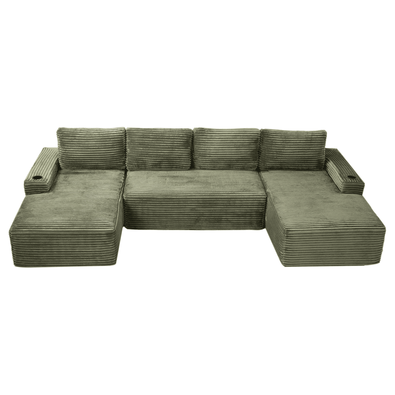 Compressible U-Shaped Sectional Sofa Set, Modern Modular Sectional Sofa with Built-in Cup Holders and Side Storage Pockets for Living Room No Assembly, Green