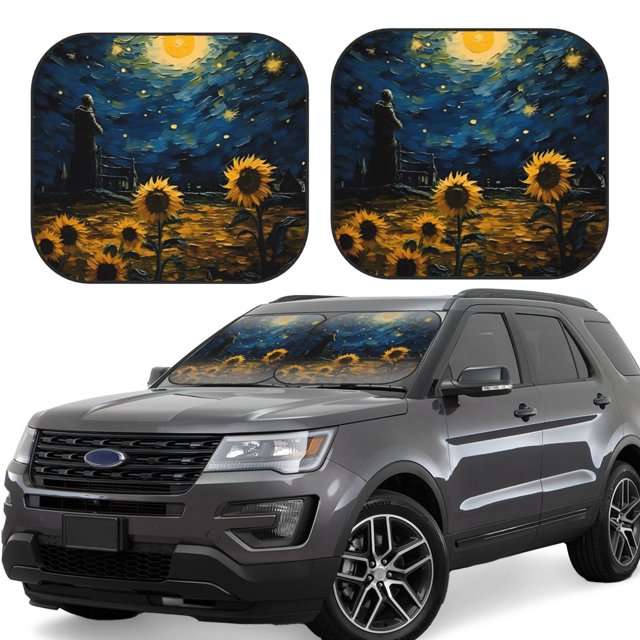 Fotbe Oil Starry Sky Sunflower Juego de 2 Piezas de Parasoles para Parabrisas | Bloqueador Solar para Auto | Accesorios Plegables para Protección Solar Interior-Medium