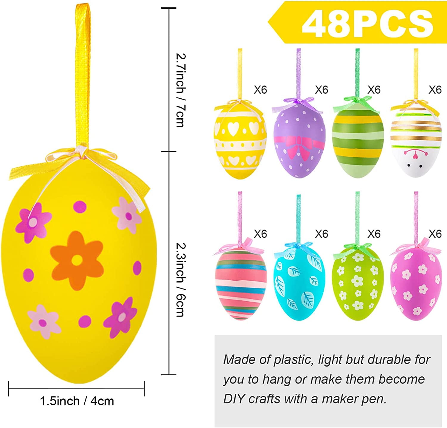 HeaCare Easter Hanging Eggs, 48Pcs Multicolored Plastic Easter Egg Hanging Tree Ornament, Decorative Hand Painted Eggs DIY Crafts with Various Style Stripes Dots Flowers