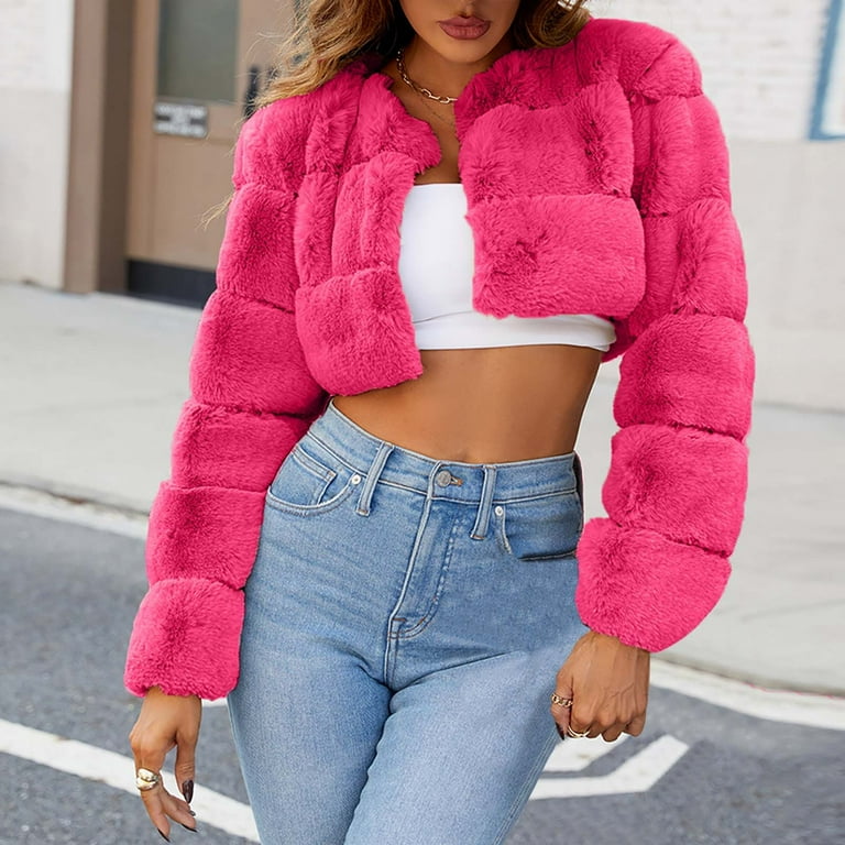 Pink Fluffy Crop Jacket Pink Faux Faux Fur Bubble Jacket Nrmvnmi