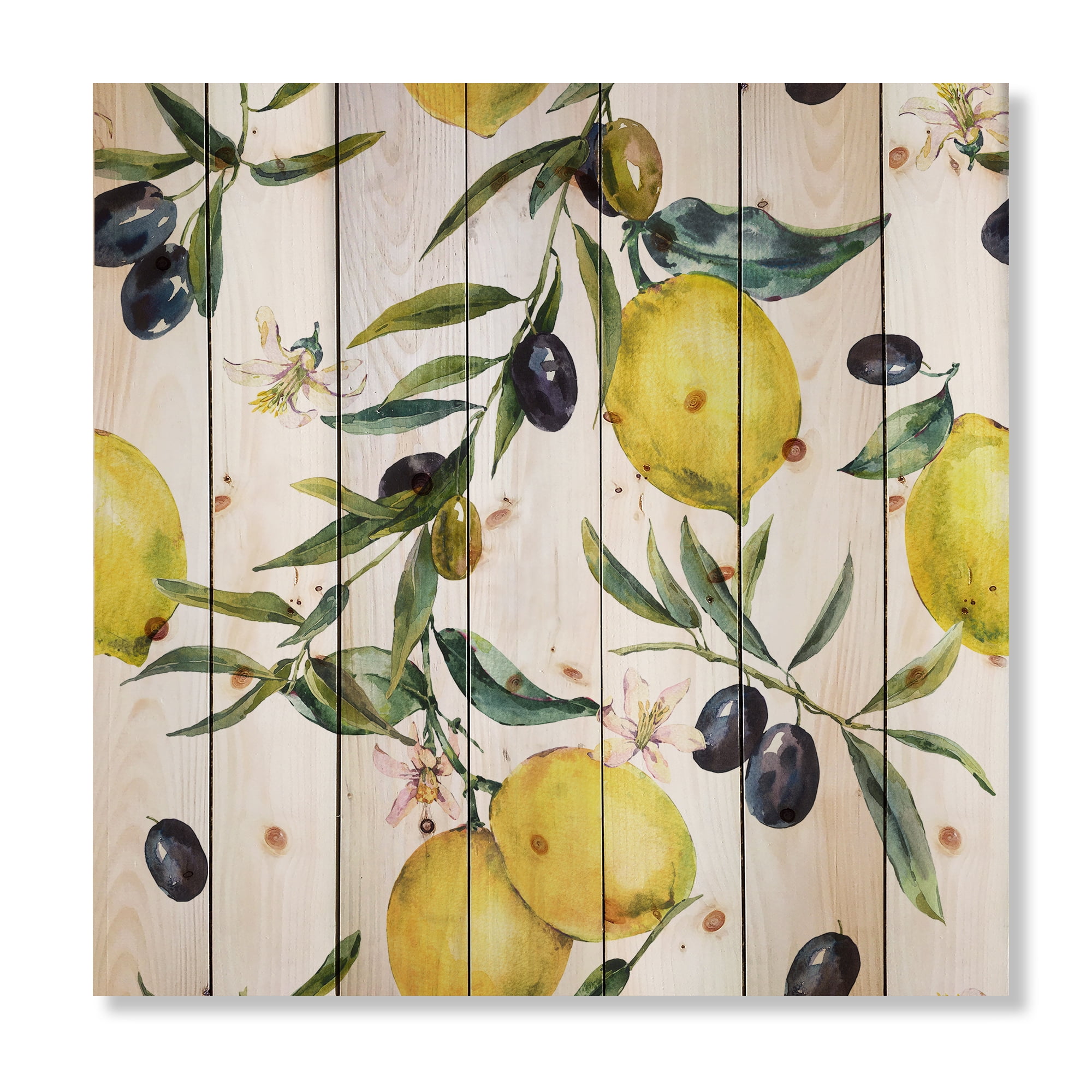 Designart 'Olive and Lemon Branches II' Tropical Print on Natural Pine Wood