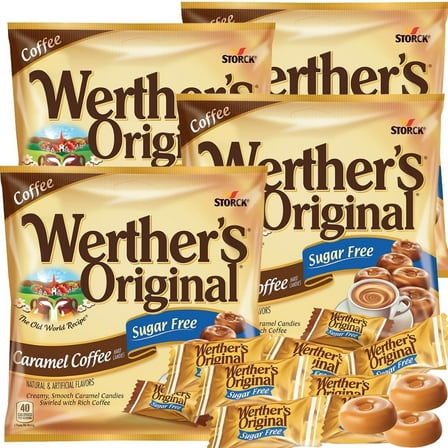 Werther's Original Sugar Free Caramel Coffee Hard Candies 4 Bags Individually Wrapped Rich & Creamy Flavor 5.84 oz Total