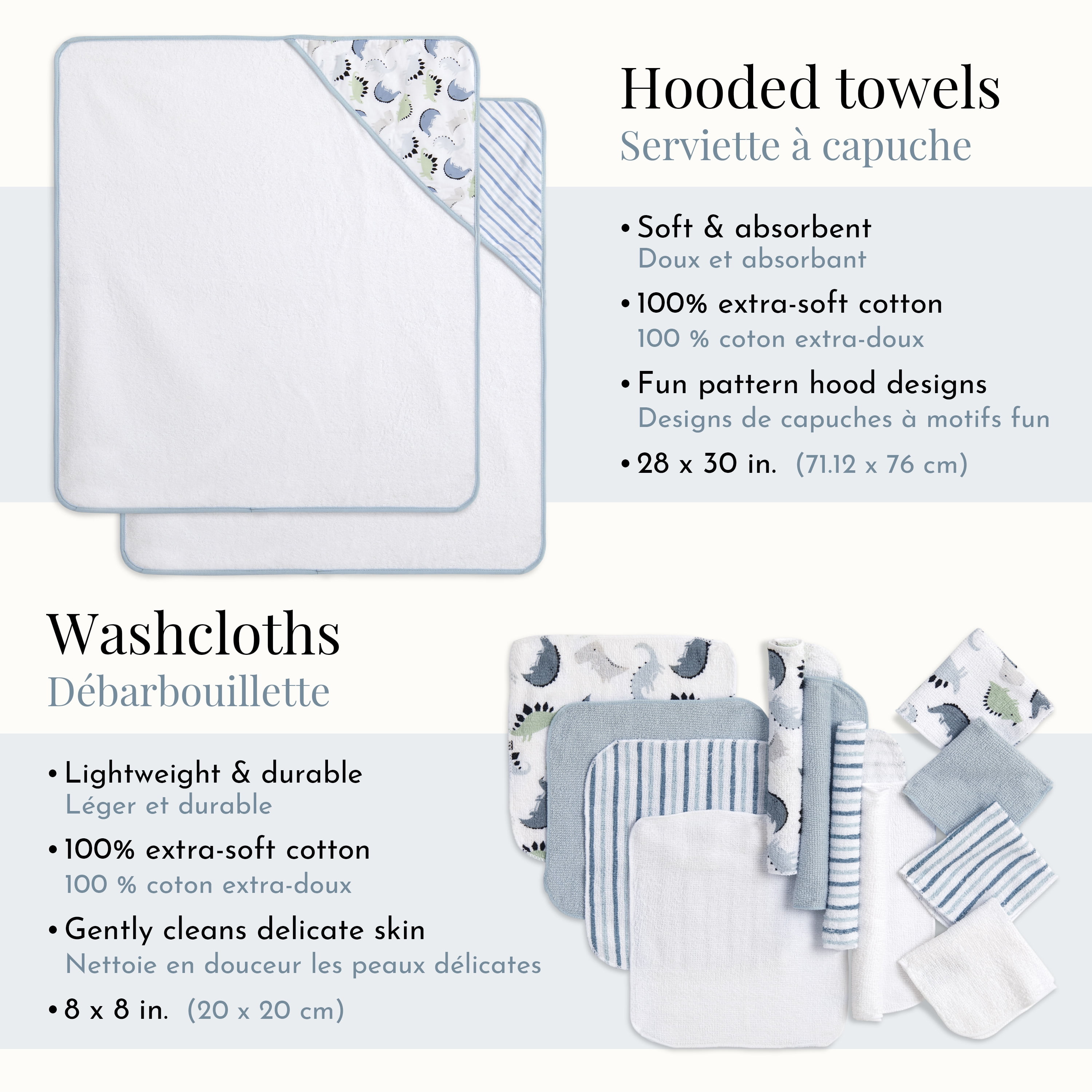 Dream On Me Baby 2 Piece Hooded Towels & 12 - Piece Washcloth Set in Blue Dino Print