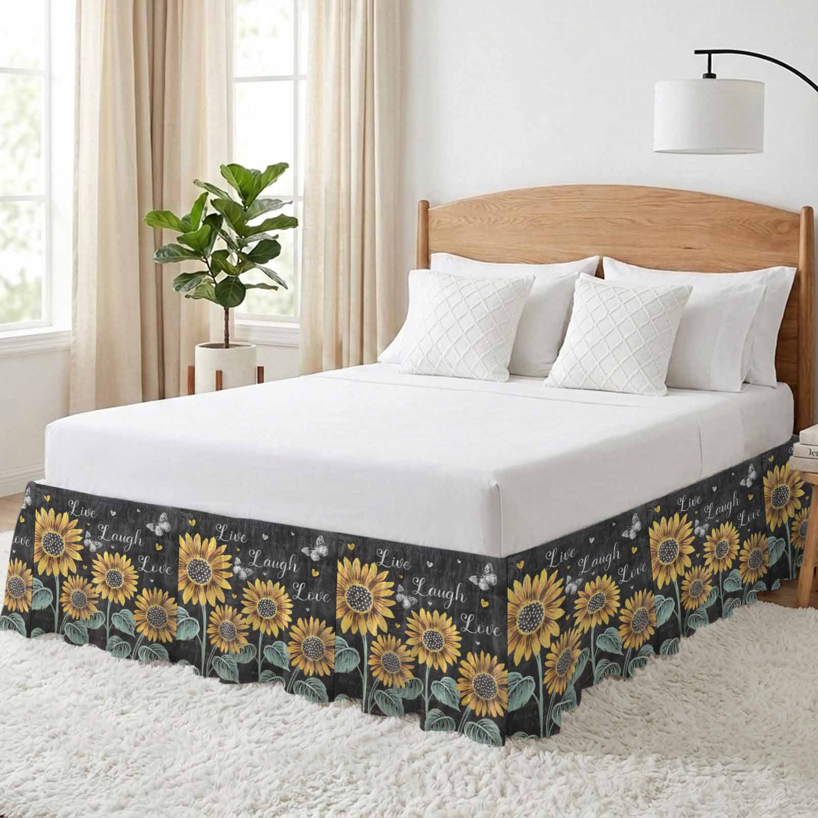 Summer Sunflowers Bed Skirt King Size 18 Inch Drop, Elastic Wrap Around Bed Skirts Pleated Luxury Dust Ruffles For Twin Full Queen Cal King Base Beds, Farmhouse Cartoon Botanical Flowers