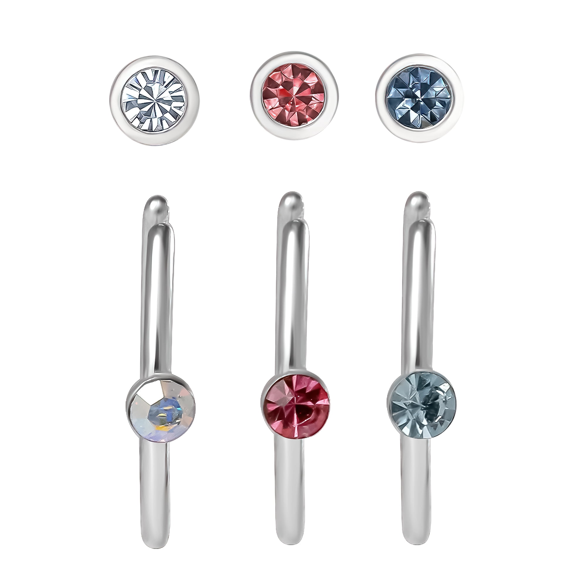 Body Jewelry Women's Stainless Steel 22G Crystal Nose Rings 6 Pack - Hoop and Stud Set