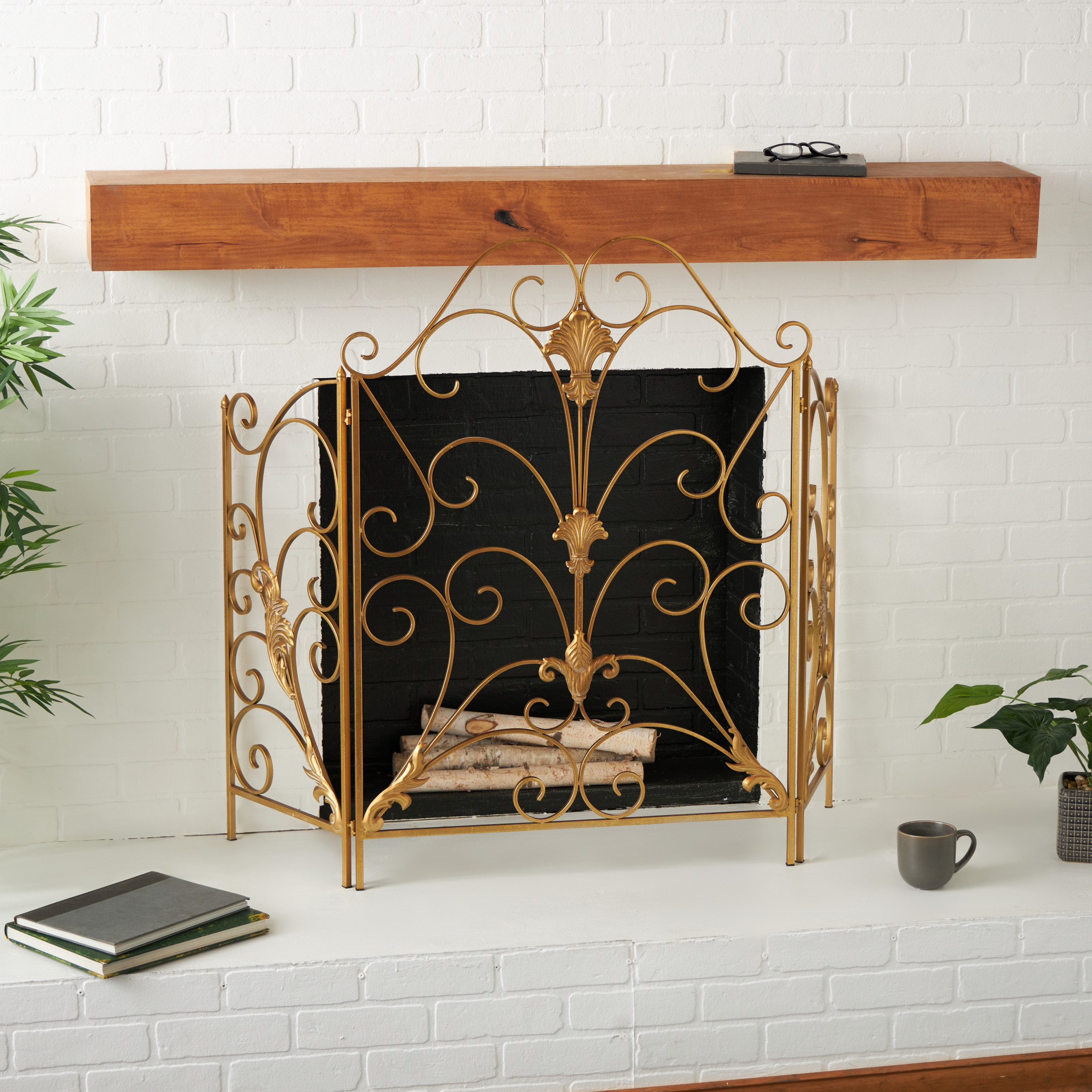 DecMode 29" x 40" Gold Metal Foldable 3 Panel Scroll Fireplace Screen with Fleur De Lis Accents, 1-Piece