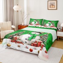 Manfei Cartoon Snowman Queen Sheet Sets for Boys Girls, Merry Xmas Flat Sheet, Green Christmas Gifts Queen Fitted Sheet, Super Cozy Room Decor 4 Pieces