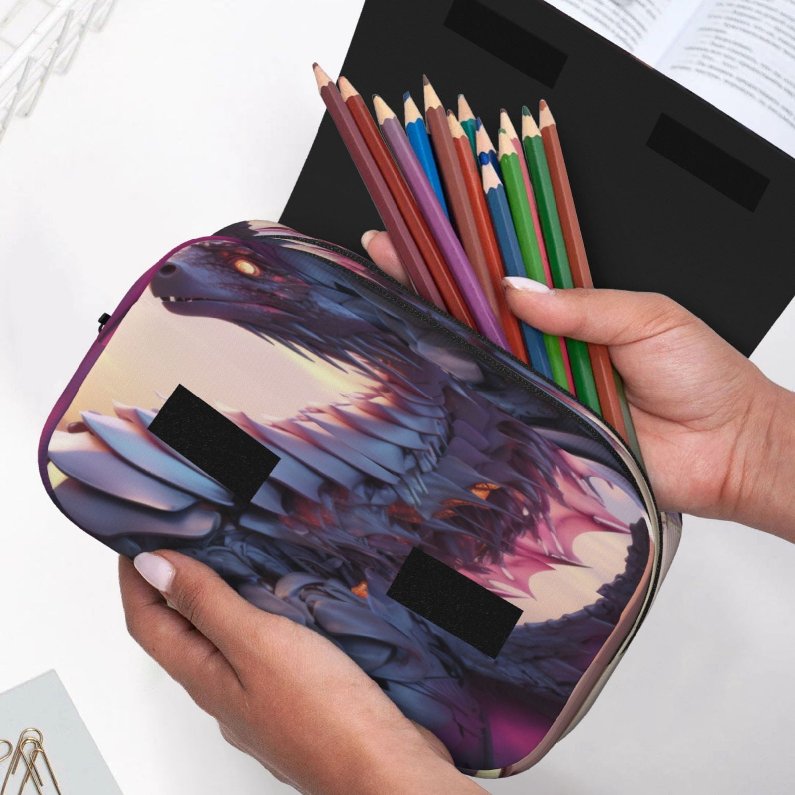Rateoe Dragon Pattern Double Clamshell Pen Case, Storage Organizer with Two Zipper Compartments– Holds Up to 50 Pencils & Pens