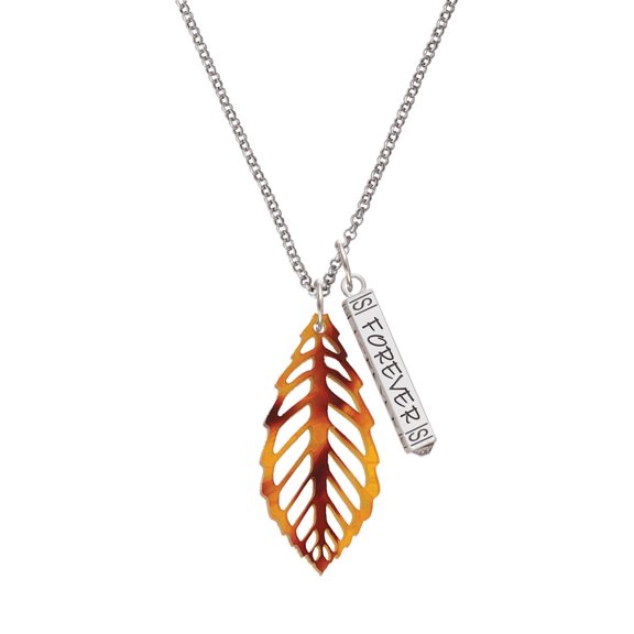 Delight Jewelry Acrylic Large Leaf Orange Brown Silvertone Forever Bar Charm Necklace, 23"
