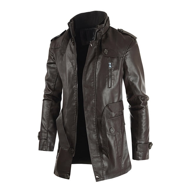 EGNMCR Jackets for Men Men Mid-length Solid Artificial Leather Stand Collar Slim Jacket