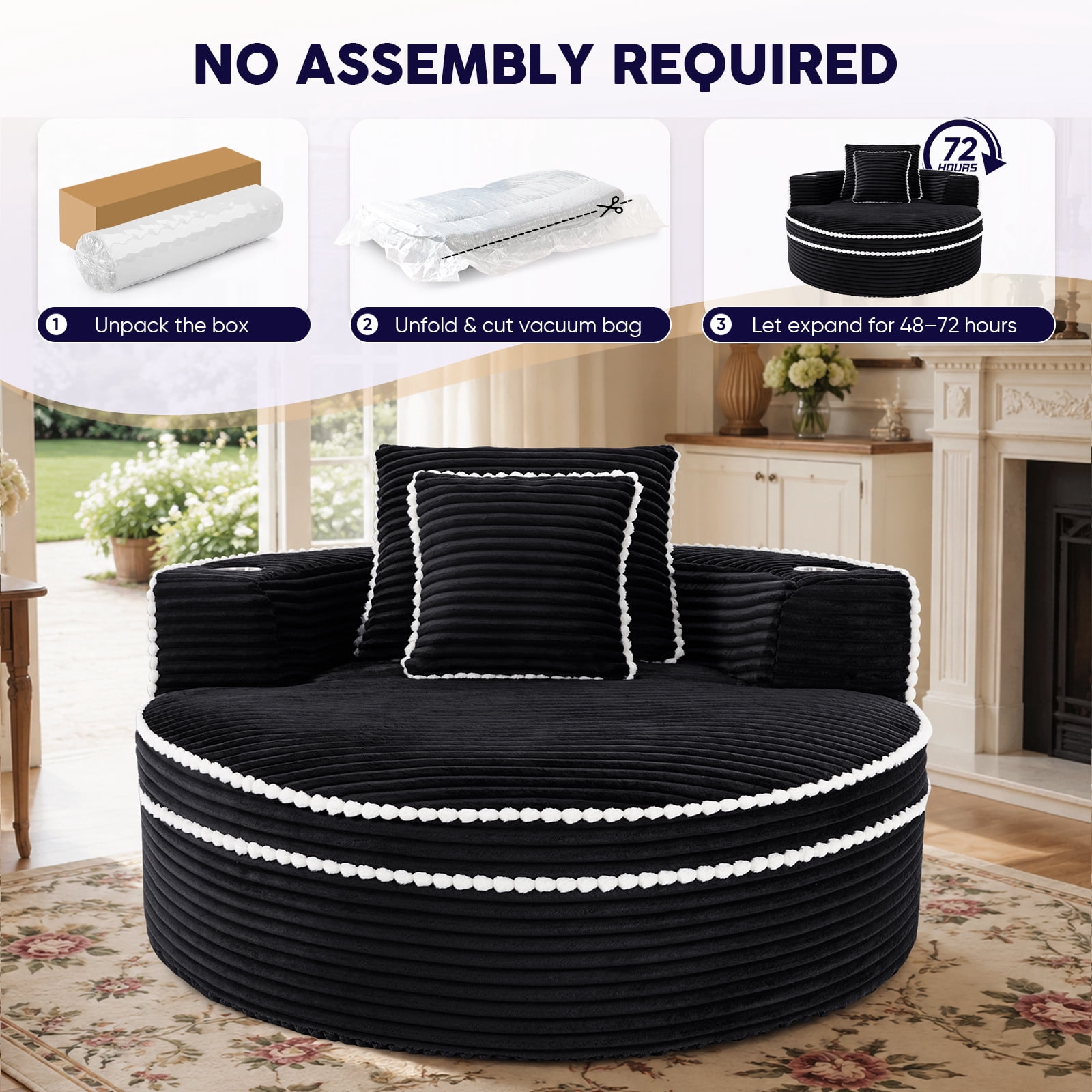 Lunale 54" Oversized Chaise Lounge Chair Indoor, Round Boneless Cloud Couch, No Assembly Required, Accent Reading Chair for Living Room, Black Corduroy