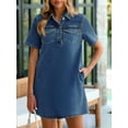 thumbnail image 2 of Women Summer Denim Dress Short Sleeve Button Down Collared Loose Fit Casual Jean Mini Dress, 2 of 7