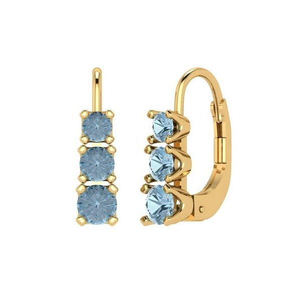 14K Solid Gold Lever Back Stud Earrings for Women | 1.06 cttw Round Cut Natural Swiss Blue Topaz | Yellow Gold