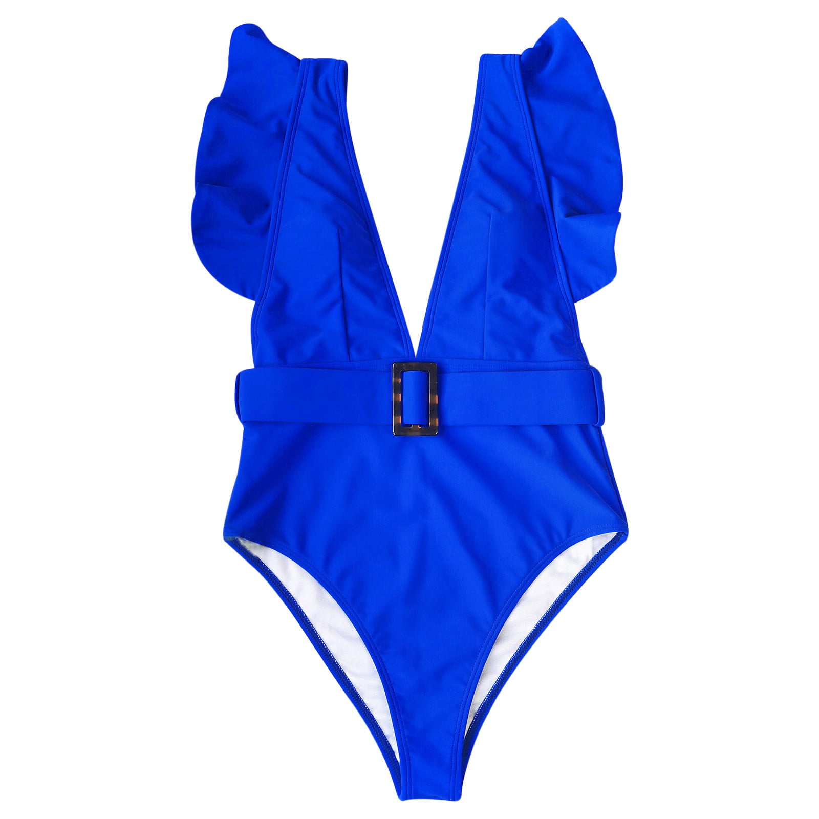 RQYYD Women's One Piece Swimsuit Ruffle Flounce Deep V Neck Strappy Swimwear  Bathing Suits Monokini with Belt(White,M) 