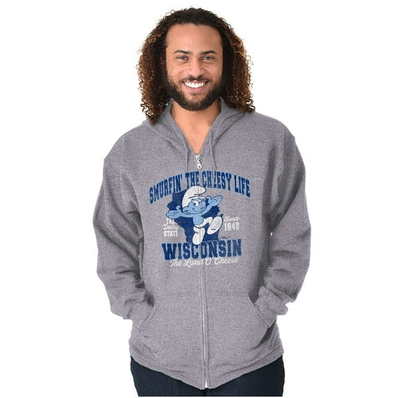 Wisconsin WI Cheese Head Cool Smurfs Zip Up Hoodie Men's Women's Brisco Brands S
