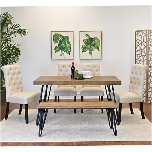 Hairpin Leg 6-Piece Dining Set with Table, 4 Chairs and Bench, Brown MDF and Metal