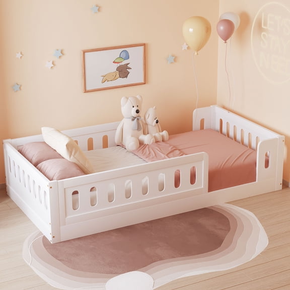 Jopath Twin Size Platform Bed with Guardrail, Wood Floor Bed for Boys Girls White