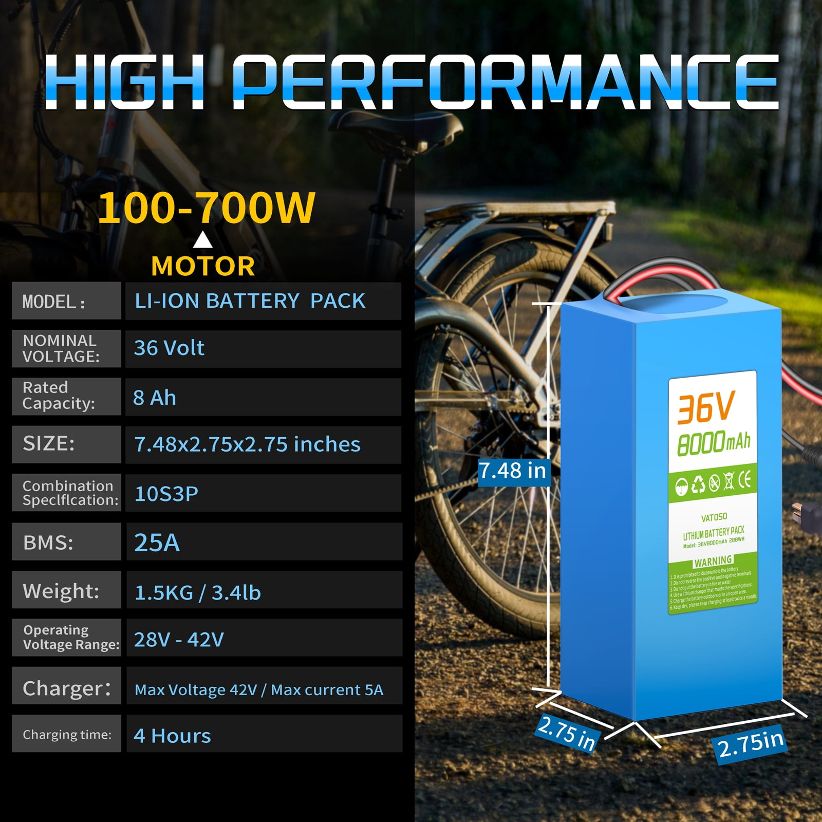 36V 8Ah Lithium Battery, Built-in 30A BMS, w/ 2A Charger & XT60 SM Connector, Rechargeable batteries for DIY projects