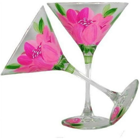 Hand Painted Martini Glasses Set of 2 - Polynesian Peony Collection - Hand Painted Glassware by USA Artists - Unique and Decorative Martini Glasses, Kitchen Table Décor