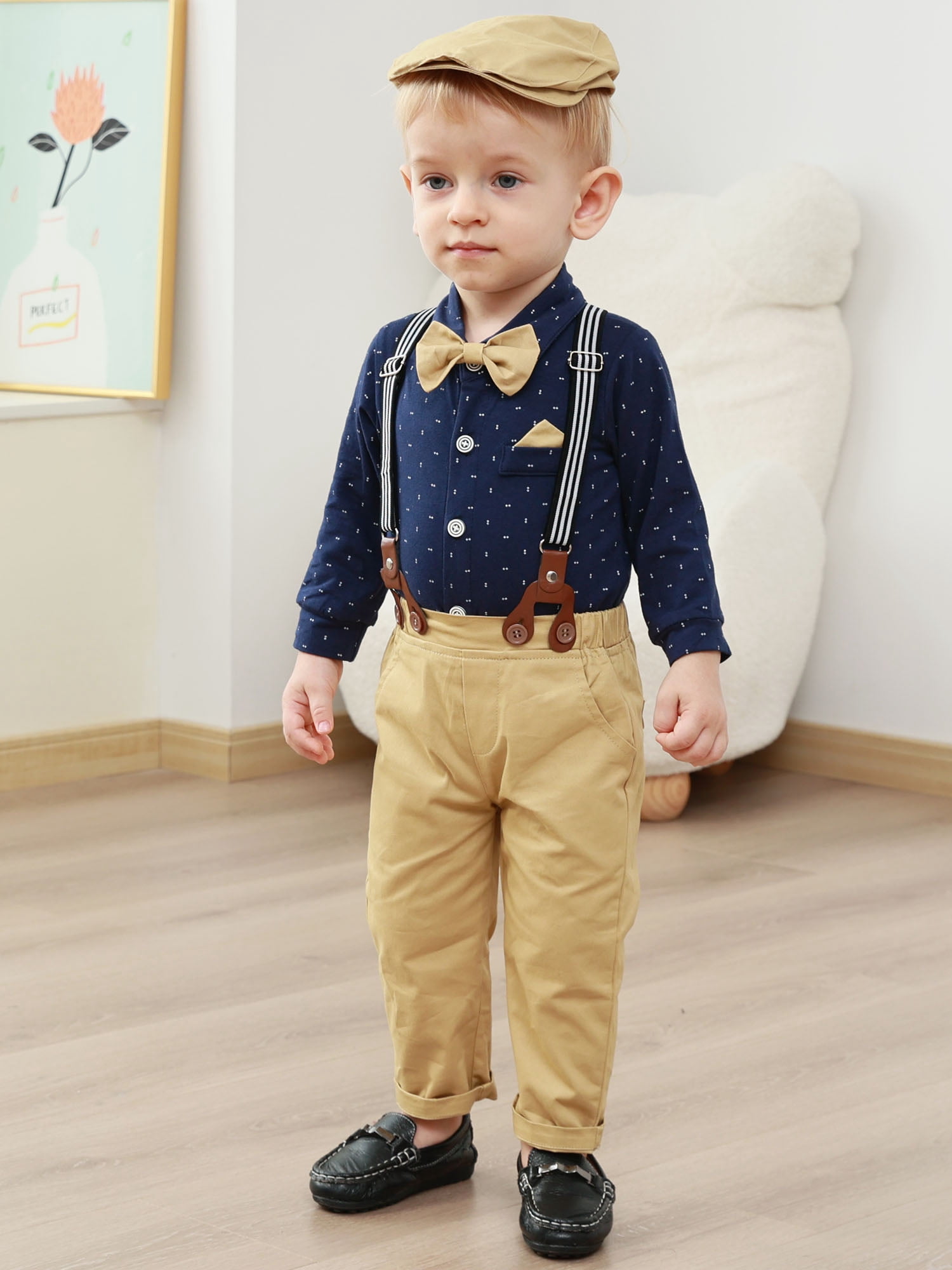 CARETOO Toddler Baby Boy Clothes 3-24 Months Outfit Formal Dress Shirt Suspender Pants Beret Hat Bow Tie 4pcs