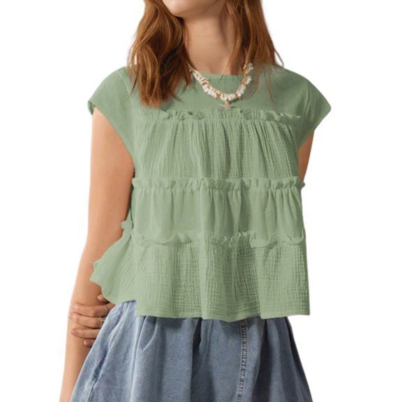 Peplum Tops for Women Crew-Neck Ruffled Bobydoll Tunic Tank Shirts Loose Fit Summer Outfits Green L
