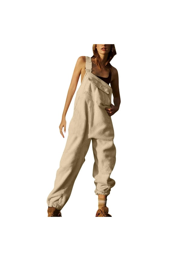 Womens Fleece Overalls One-piece Bibs Jumpsuits People Dupes Adjustable Suspender Straps Warm Winter Fluffy Fuzzy Ski Pants Casual Loose Fit Rompers with Pockets Khaki S