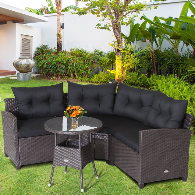 Costway 4PCS Patio Rattan Furniture Set Cushioned Sofa Glass Table Garden Black