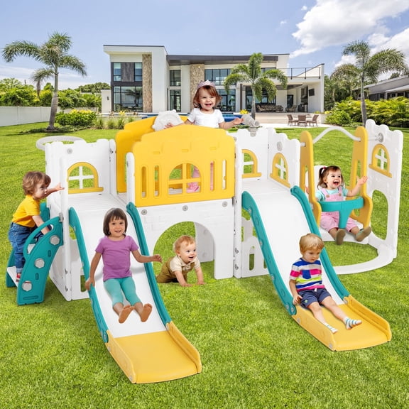 JOYLDIAS 10 in 1 Toddler Slide and Swing Set,Double Kids Climber Slide Playset for Age 1-3 w/Basketball Hoop,Telescope,Tunnel,Storage Space,Indoor Outdoor Backyard Playground Toys(Yellow & Green)