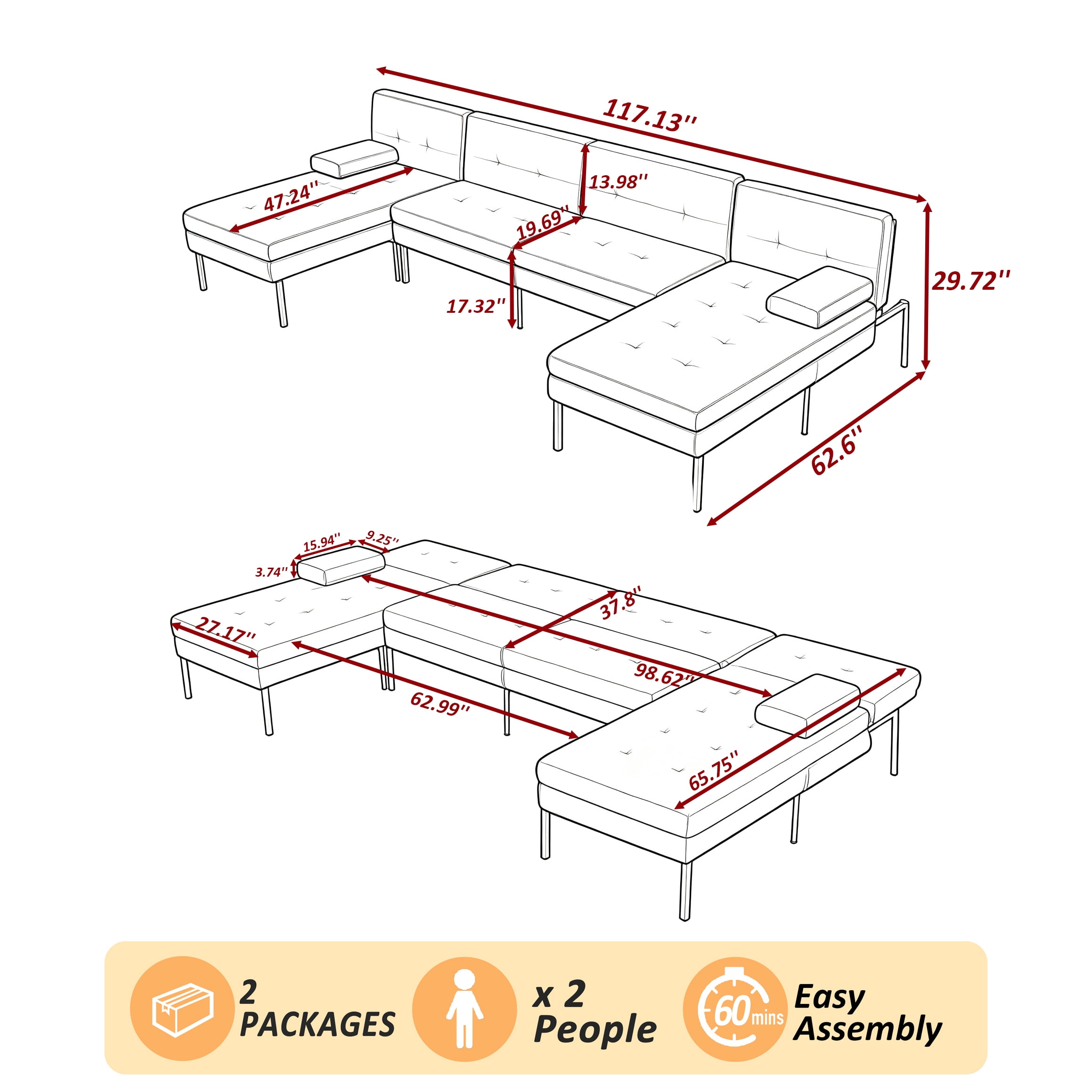 Gewnee 117.13”U-Shaped Sectional Sofa,Corduroy Couch,4 Seat Lounge Sleeper Sofa with Double Chaises for Living Room.Dark Grey