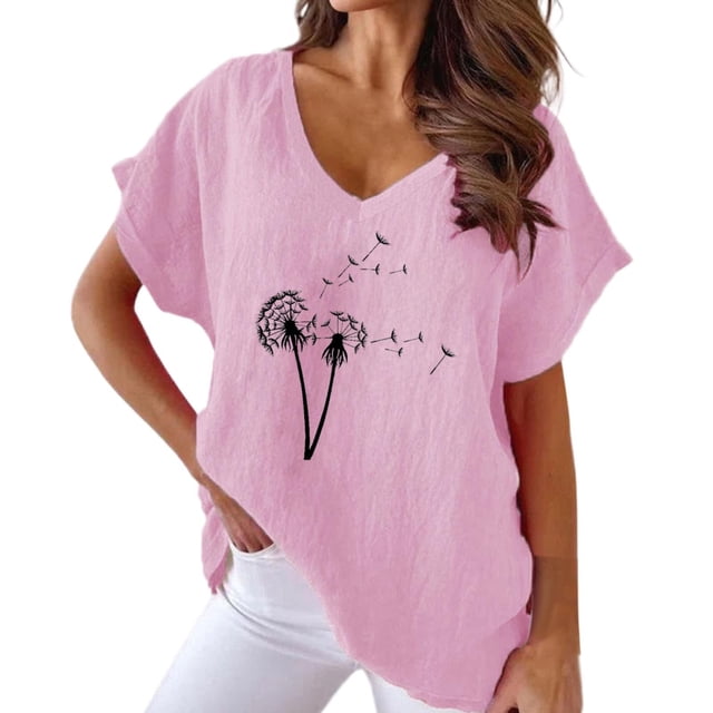 TSADFHJI Hauts Mignons pour Adolescentes Imprimé Botanique Col en V Coton Décontracté Manches Courtes Chauve-Souris T-Shirt Femmes m Rouge