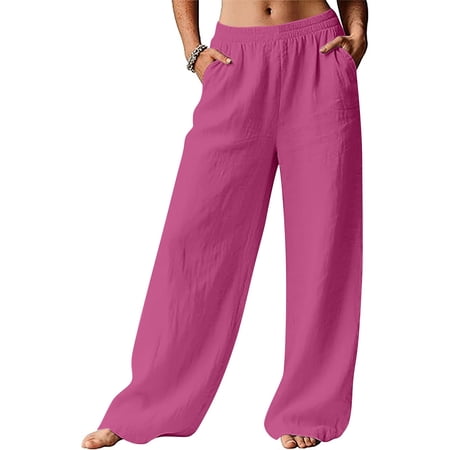 Women s Cotton Linen Pants Solid Color Straight Leg Casual Trousers High Waist Comfortable and Breathable Flowy Pants for Women Loose Fit Everyday Long Pants Hot Pink S