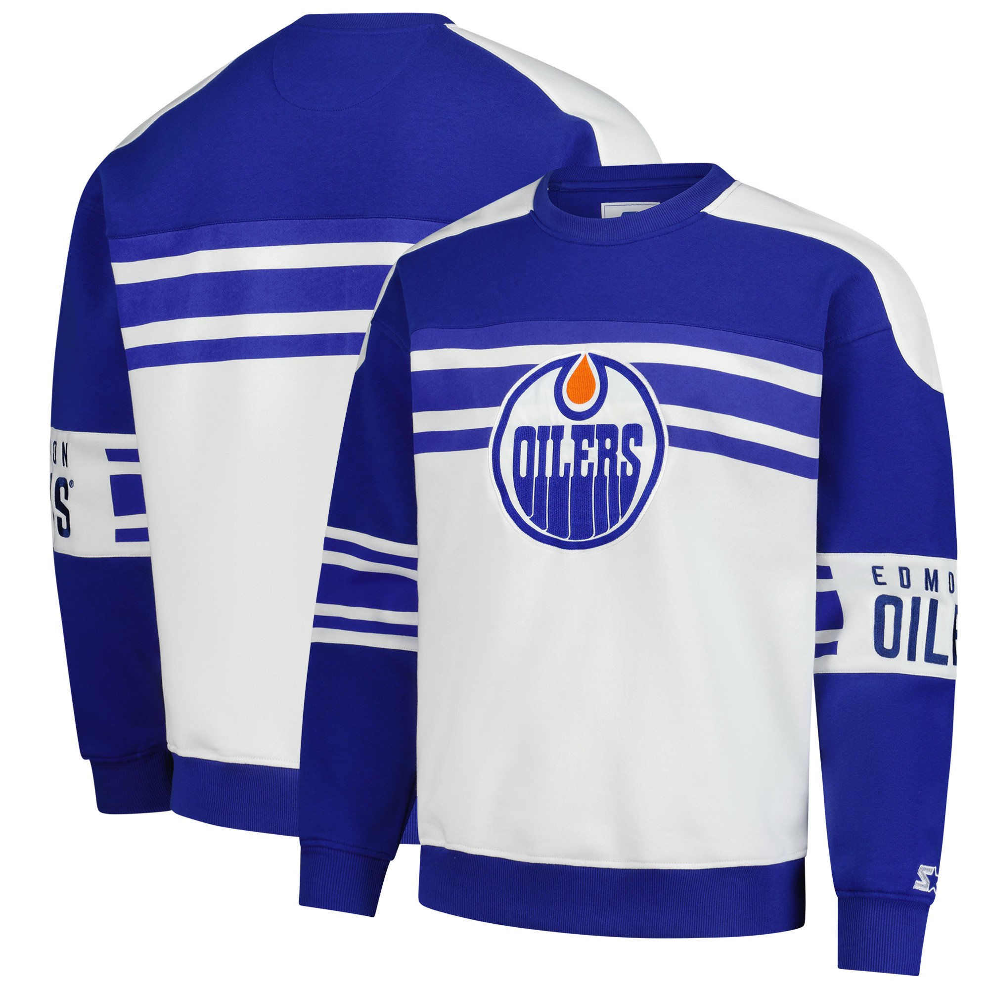 Men's-Starter White Edmonton Oilers Defense Fleece Crewneck Pullover Sweatshirt