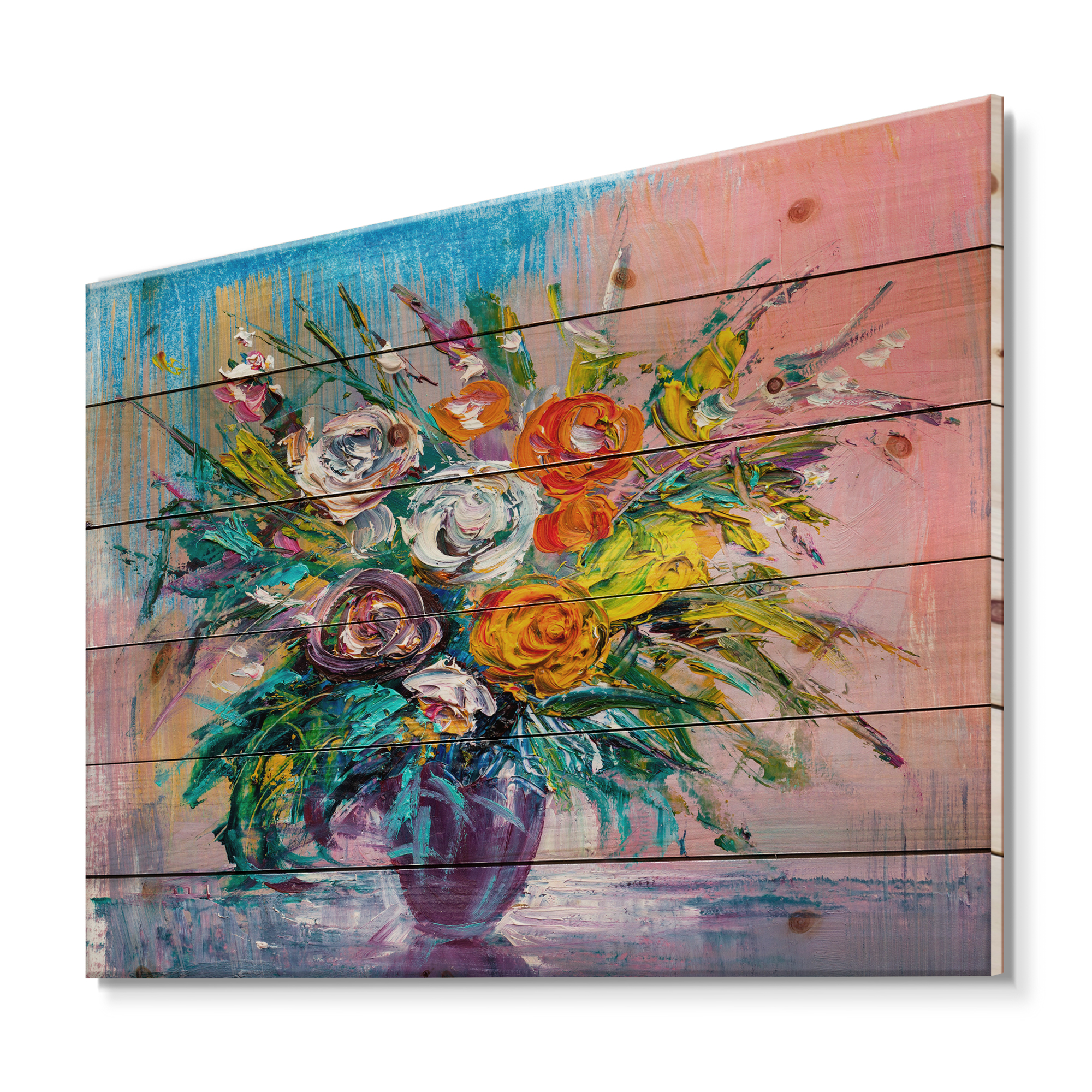 Designart 'Bouquet Of Vibrant Colored Flowers' Traditional Print on Natural Pine Wood