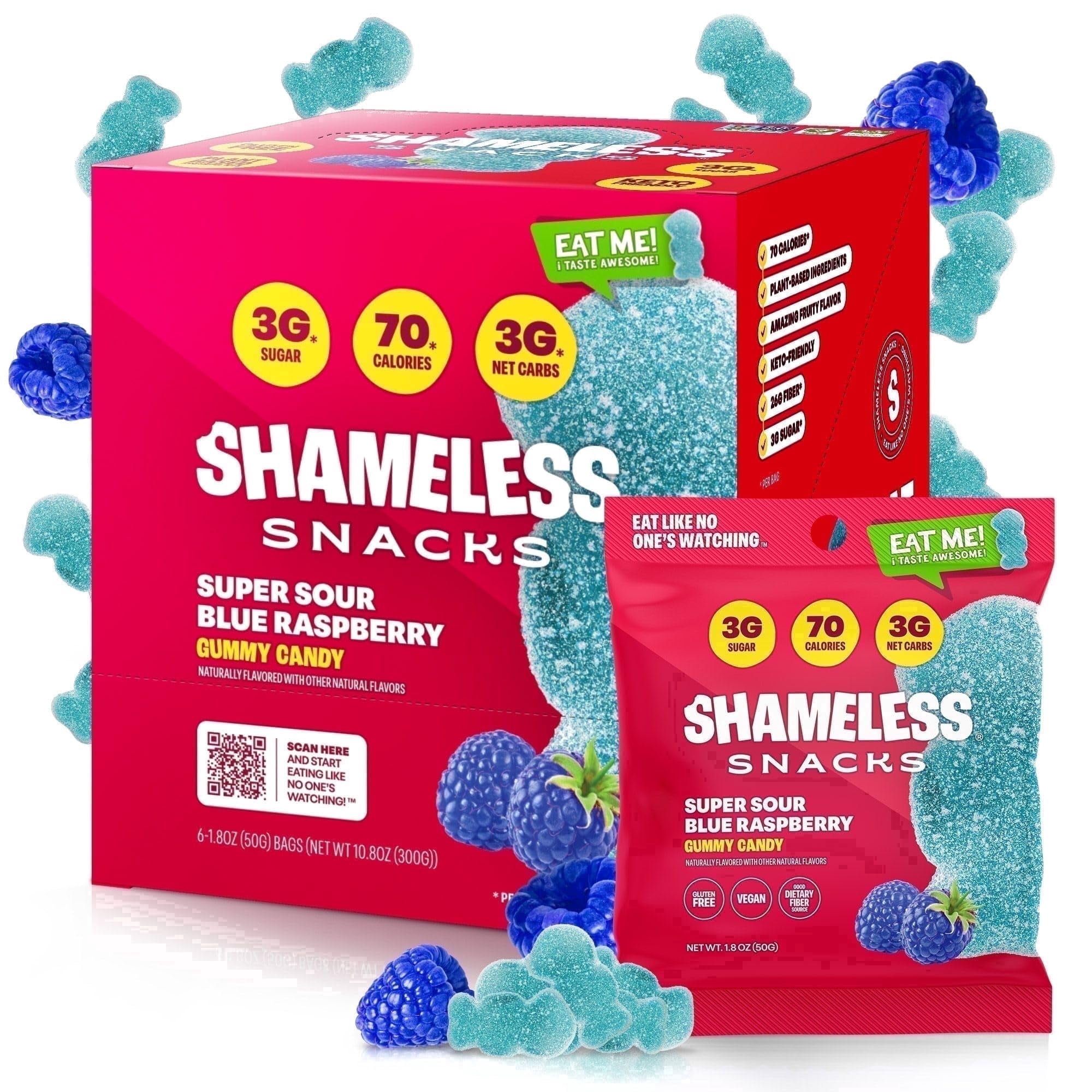 Shameless Snacks Super Sour Blue Raspberry - Sour Candy & Fruit Snacks, Gummy Candy, Keto Snacks in Bulk, 3g Sugar Gluten Free Vegan for Kids & Adults