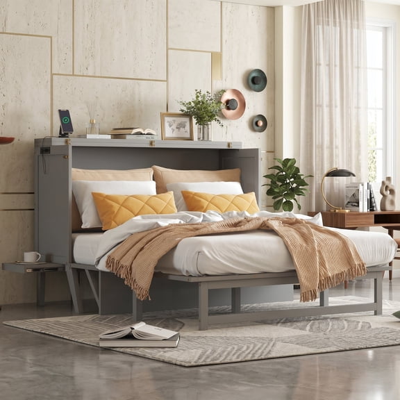 Sailvan Queen Size Murphy Bed with USB Port Shelves on Each Side, Solid Pine Murphy Cabinet Bed