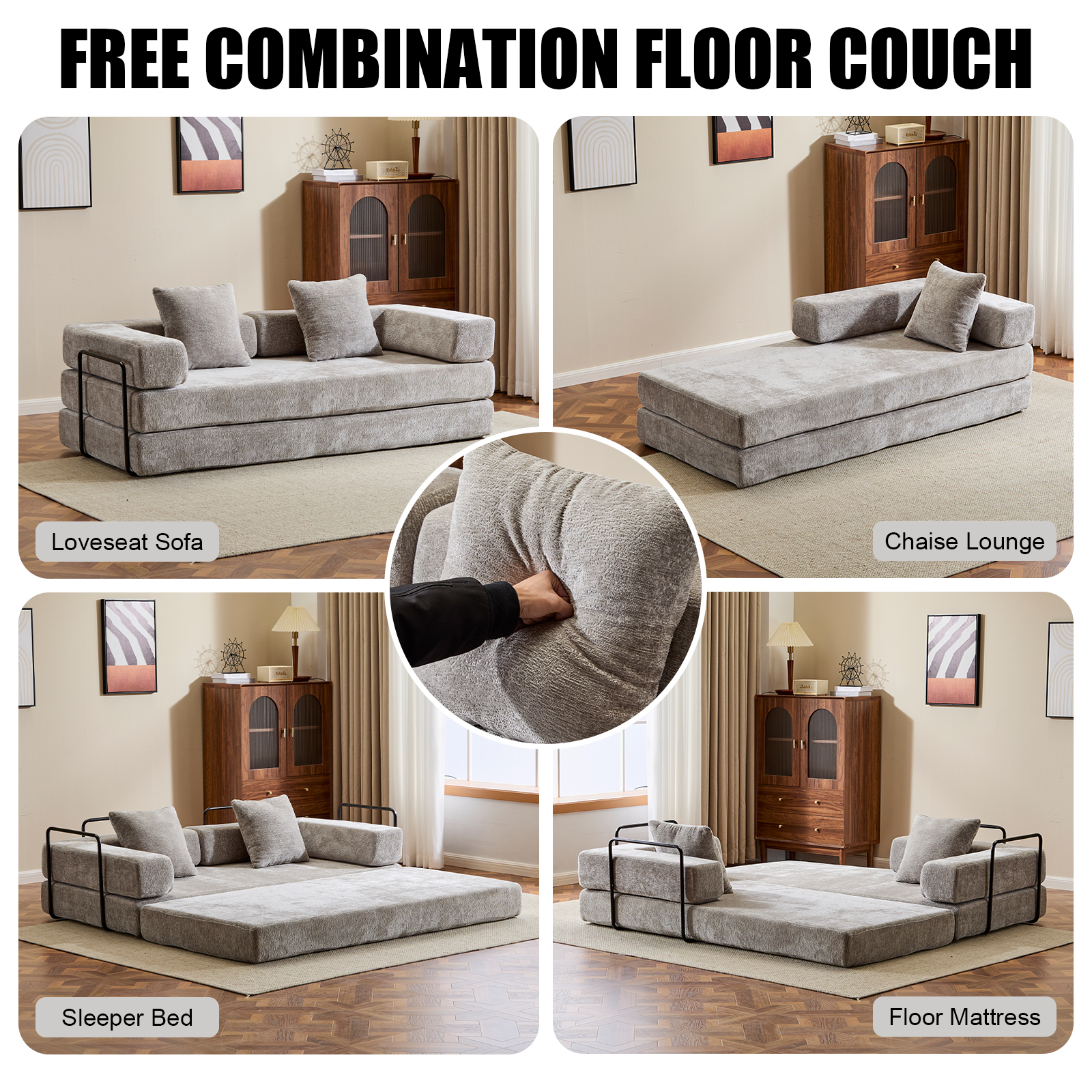 Miniyam 4 in 1 Convertible Floor Sofa Bed, Chenille Floor Couch with Armrest, Pillow for Living Room, Light Gray