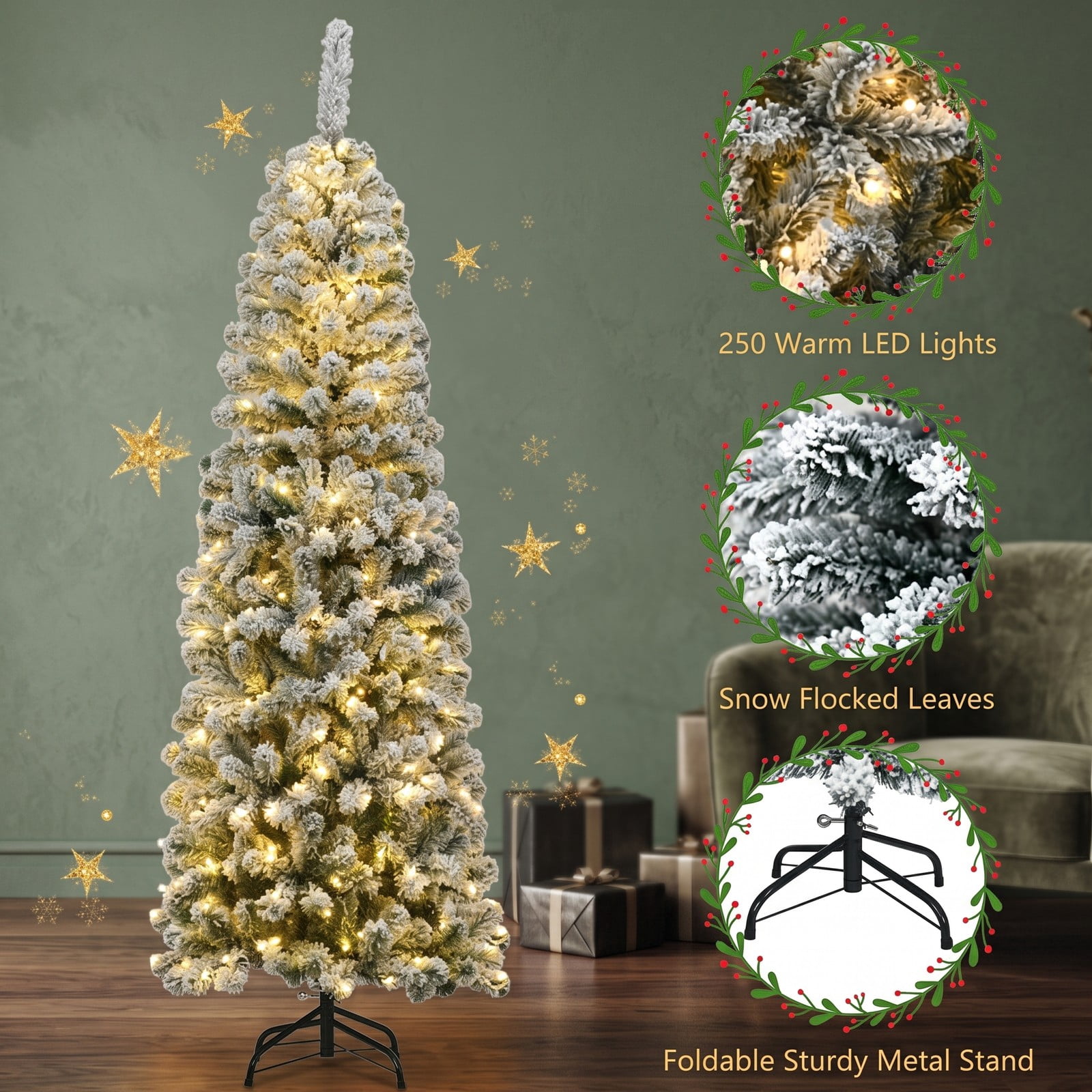 RUIE 6 Feet Pre-Lit Snow Flocked Artificial Pencil Christmas Tree with 250 Warm White LED Lights and 500 Branch Tips, Slim Metal Stand for Home Holiday Decor, White