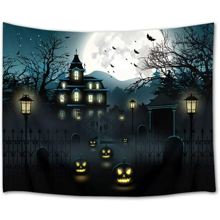 Tapestry Scary Pumpkin Night Wall Hanging Haunted House Castle Building With Fence Decor Bat Dead Branches Backdrop For Bedroom Room Dorm 80wx60h Inches Canada - Scary Home Decor