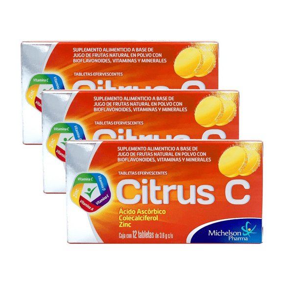 CITRUS C 12 tabletas efervescentes Sabor Frutas. Adicionadas con Vitamina C, D, E, A, Zinc. 3PACK
