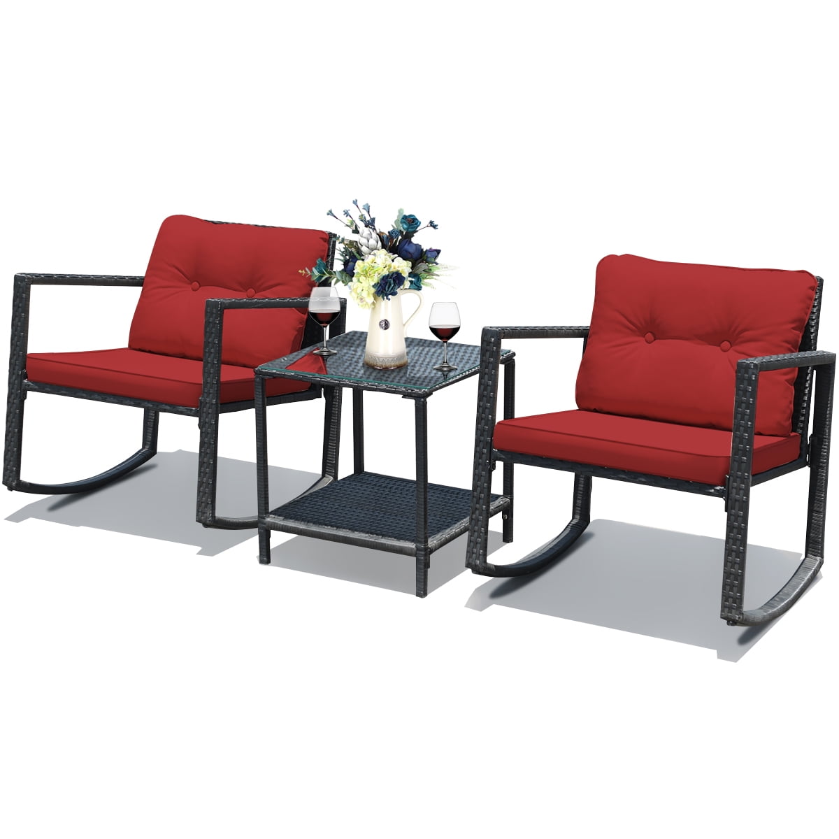 Costway 3PCS Patio Rattan Furniture Set Rocking Chairs Cushioned Sofa Coffee Table Outside