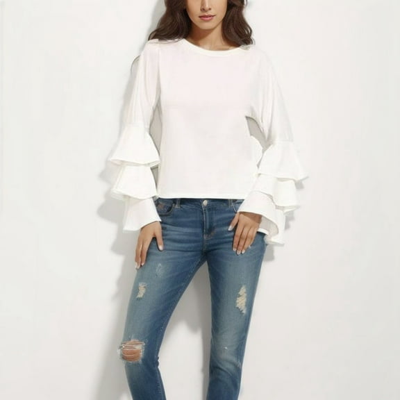 2023 autumn fashion casual women's round neck long flared sleeve T-shirt women ruffled long sleeve top